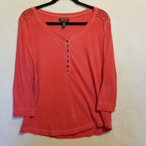 LRL Lauren Jeans Co. L Henley Top Red Mineral Wash Lace Shoulder Preppy Y2K 90s